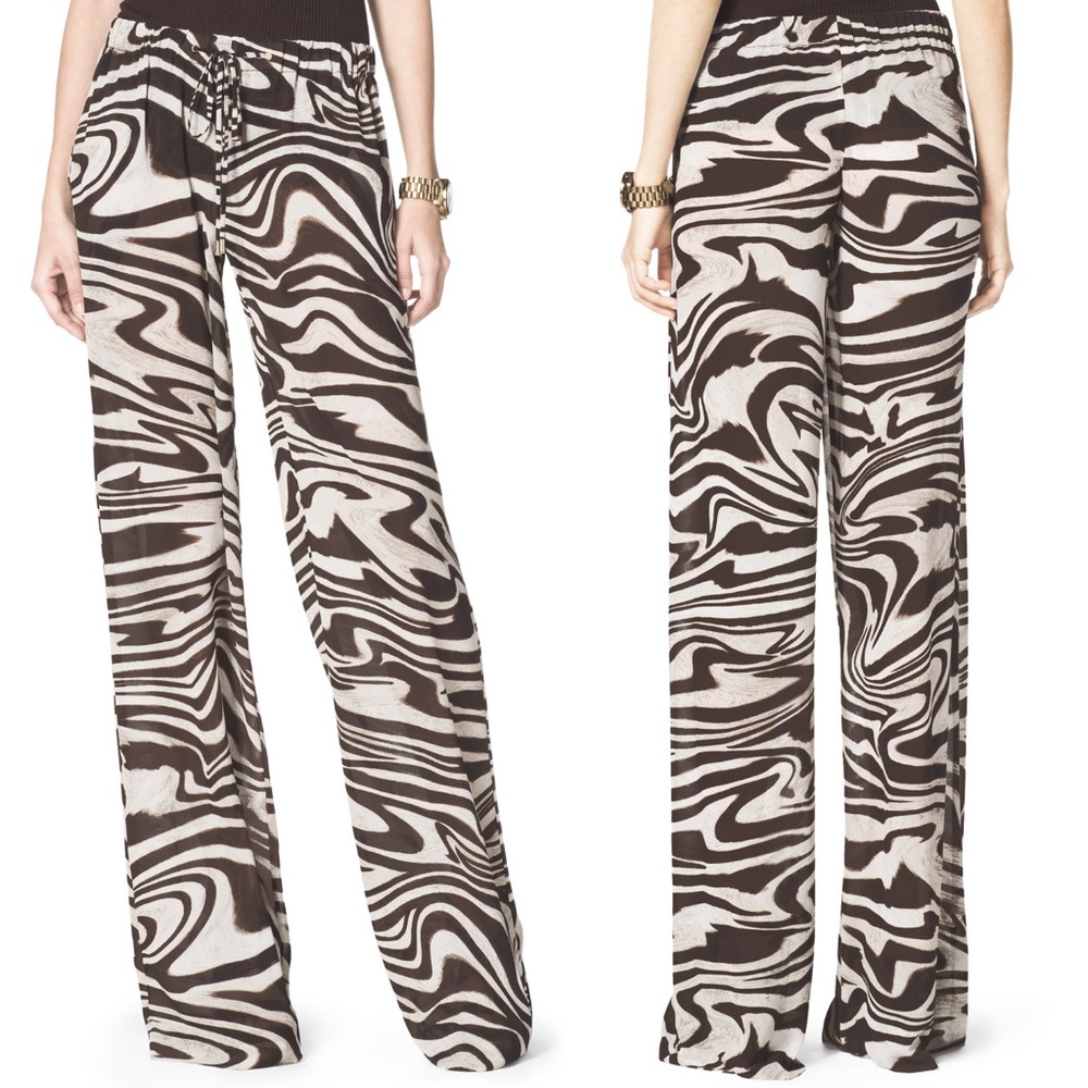 MICHAEL KORS Brown & White Zebra Animal Print Wide Leg Drawstring Pant Size 2P
